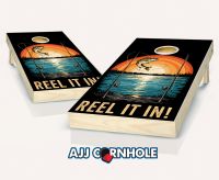 "Reel it In Bass Line Jumping Fish out of Water Sunset" Cornhole Set