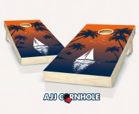 "Sailboat on Navy Orange Sunset" Cornhole Set
